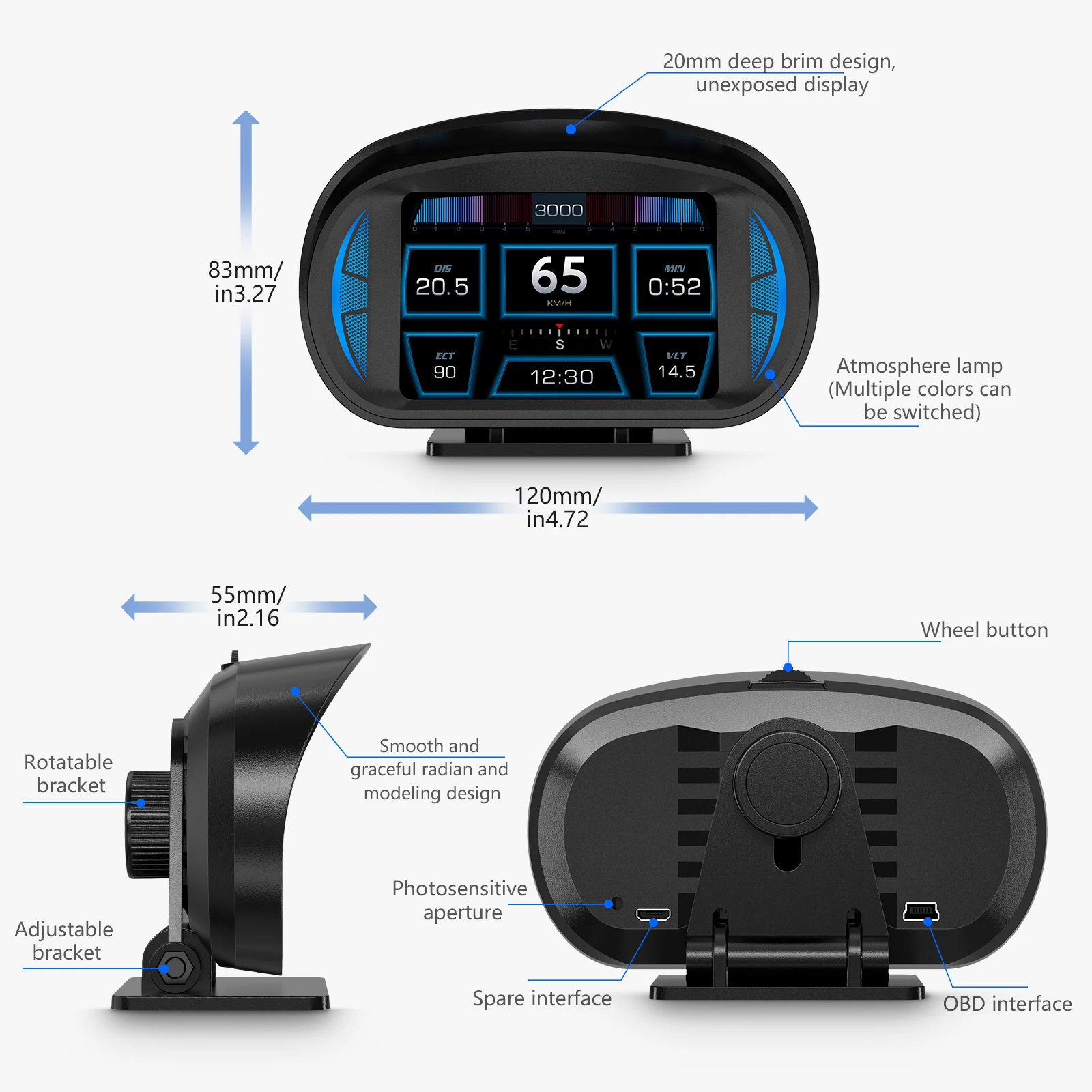  Többfunkciós OBD2 HUD GPS Head Up Display autó lejtésmérő Sebességmérő RPM Mérő olajfogyasztás kijelző Autó kiegészítők