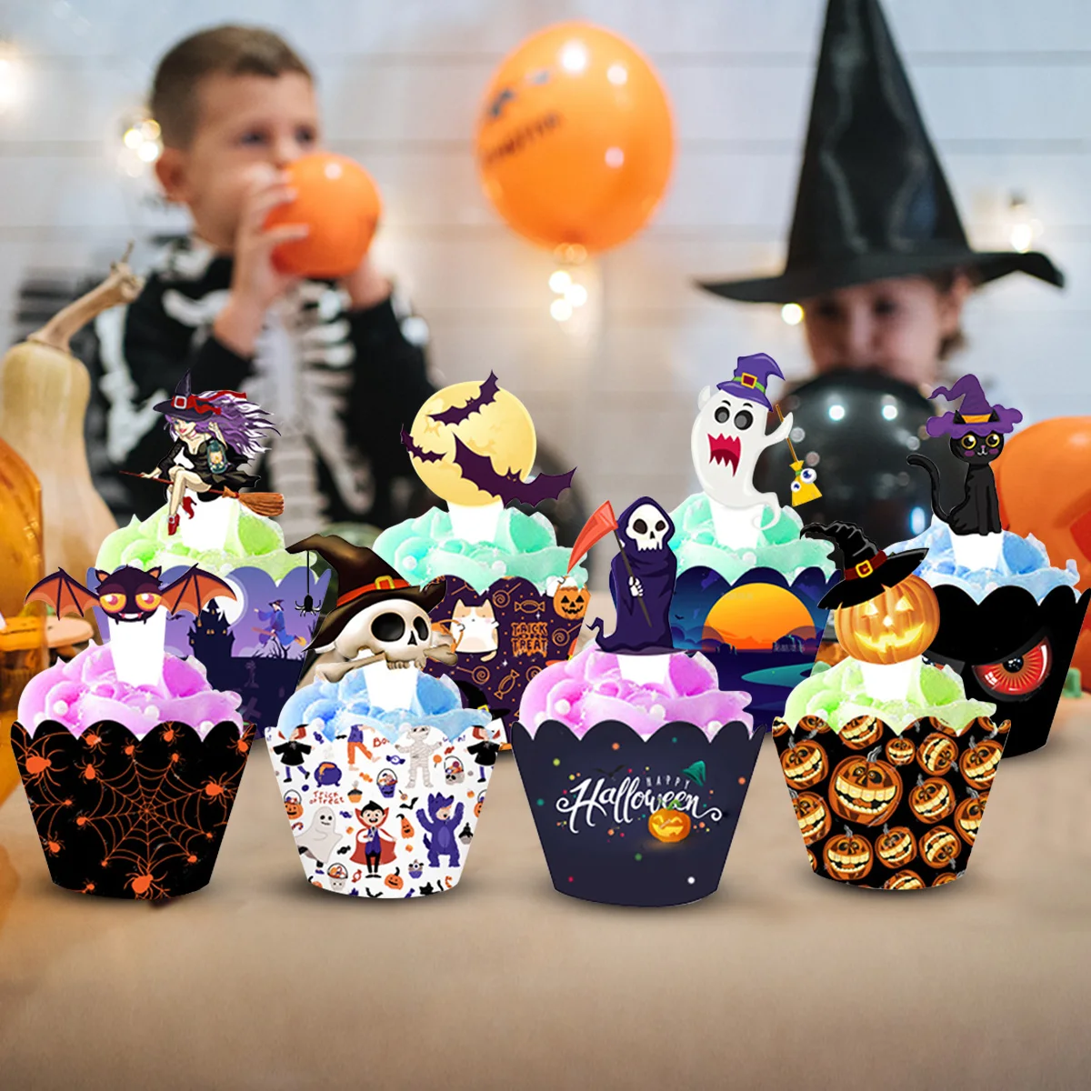 16db Halloween cupcake csomagolók tök pókhálós denevér szellem toppers cupcake készlet Halloween Party torta dekorációs sütőcsésze