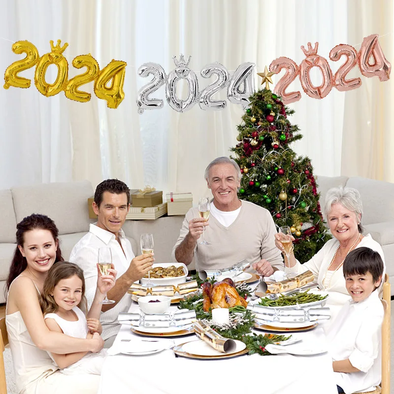 2024 Korona csatlakoztatott szám fólia lufi szett otthoni karácsonyra Újévi parti jelenet dekoráció felfújható léggömb