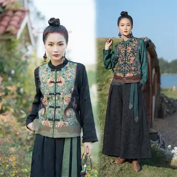 2024 kínai vintage kabát nemzeti virághímzés tang öltöny etnikai szatén jacquard kabát keleti retro hanfu felsők utcai ruházat