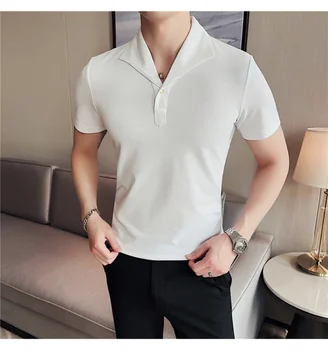 Nyári férfi rövid ujjú póló divat egyszerű fehér tömör alkalmi hajtóka karcsú szabás formális férfi póló homme utcai ruházat