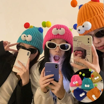 Új aranyos rajzfilm Nagy szemek sapkák sapkák nők koreai vicces pár kötött kalap Y2k divat téli meleg hideg sapka bulihoz
