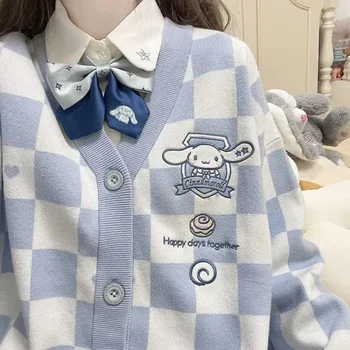 Anime Sanrios lány kockás pulóver laza kabát Kawaii My Melody Kuromi Pom Pom Purin rajzfilm kötött kockás felső diák meleg kabát ajándék