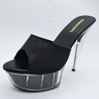 LAIJIANJINXIA Új 15CM/6inch PU Upper Model Sexy Exotic High Heel Platform Party Women Slippers Pole Dance Shoes K017