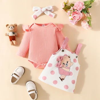 Újszülött csecsemő kislányok rózsaszín ruhák hosszú ujjú romper masni medve harisnyatartó ruha fejpánt tavaszi ruha szett