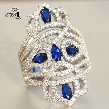 YaYI Ékszer hercegnő vágás 6.9 CT kék cirkon ezüst színű eljegyzési gyűrűk esküvő szív gyűrűk lányok party gyűrűk ajándékok 847