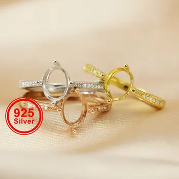 6x8MM ovális villás gyűrű üres beállítások Egyszerű keret tömör 925 sterling ezüst rózsa aranyozott állítható gyűrűszalag 1224105