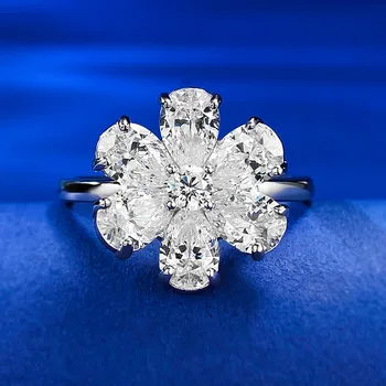 Új 925 Ezüst Luxus Egyszerű Európai és Amerikai 4 * 6 Szirom fehér gyémánt gyűrű Instagram divat Sokoldalú