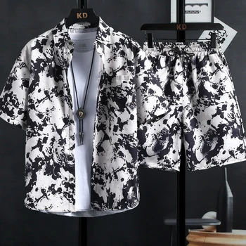 Új férfi nyomtatott ingkészletek Kiváló minőségű divat trend rövidnadrágok Hawaii stílusú alkalmi virágos felsők S-5XL