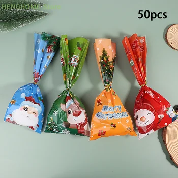 50Pcs karácsonyi sorozat ajándéktáska Műanyag zacskók ajándékokhoz Cukorkák Sütik Karácsonyi otthoni áruház Akció Ajándék sütik Csomagoló táskák
