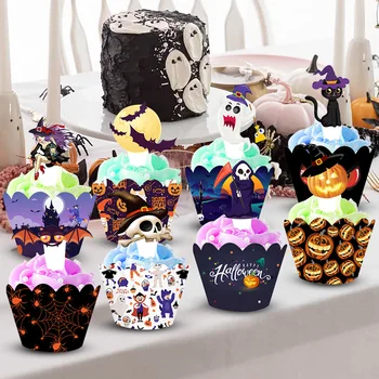 16db Halloween cupcake csomagolók tök pókhálós denevér szellem toppers cupcake készlet Halloween Party torta dekorációs sütőcsésze