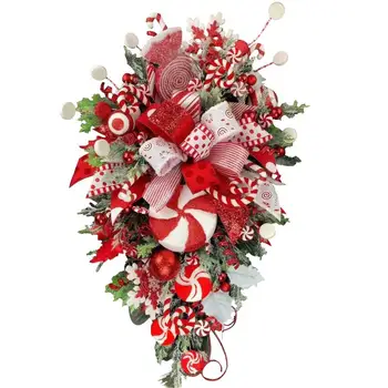 Door Swag karácsonyi piros és fehérKarácsonyi cukorka swag dekoráció fejjel lefelé álló fa koszorúk kültéri otthoni kerti dekorációhoz és évhez