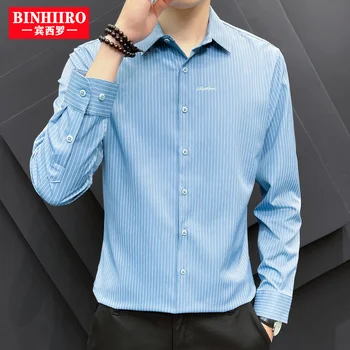 BINHIIRO férfi márka csíkos ing tavaszi koreai változat rugalmas vékony hosszú ujjú ing férfi divat hímzett alkalmi ing