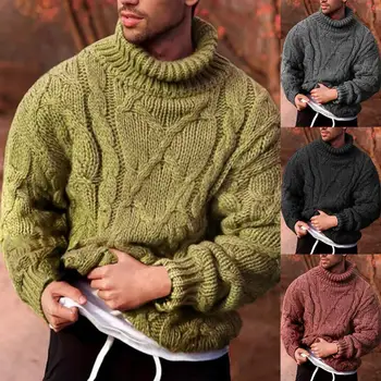 Téli őszi pamut egyszínű férfi slim fit pulóver pulóver divat meleg férfi csavar zsinór kötött teknősnyakú pulóver свитер