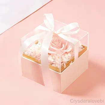 Négyzet alakú akril díszdoboz szalaggal Rózsa csokor elrendezés Meglepetés doboz Kézműves DIY ajándék ajándékcsomagoló dobozok