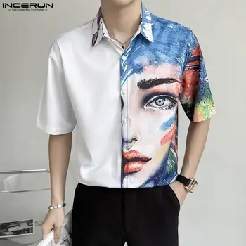 INCERUN felsők 2023 Koreai stílusú férfi divat félig absztrakt arc félig tömör blúz stílusos streetwear rövid ujjú ingek S-5XL