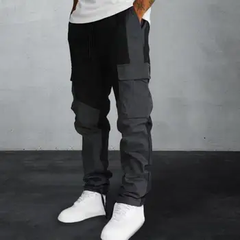 rugalmas derékpántos nadrág Multi-pocket nadrág Sokoldalú férfi tehernadrág Stílusos patchwork kialakítás Kényelmes sportoláshoz