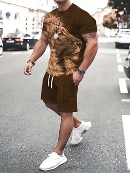 Férfi nyár The Lion King Print tréningruha Állatmintás póló+rövidnadrág szett Jogging Suit férfi túlméretezett ruha Kültéri ruházat