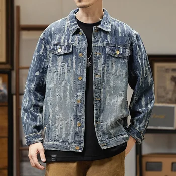 2023 Streetwear férfi farmerdzseki plusz méret 5XL retro kék lape divatlyukak dzsekik hip hop férfi felsőruházat ősz új