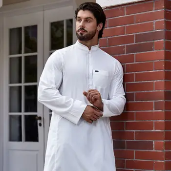 Men Jubba Thobe Kaftan Solid V Neck Long Sleeve Vintage köntös Arab Iszlám Caftan Férfi Cotton Casual Abaya
