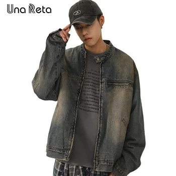Una Reta vintage dzseki ősz Új Harajuku alkalmi farmerdzseki Férfi ruházat Streetwear Hip Hop cipzáras kabát