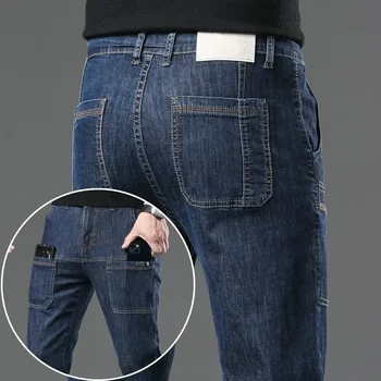 Multi Pocket Fashion Slim Jeans Men Straight Skinny High Street Casual Férfi Blue Black Grey Classic farmer nadrág