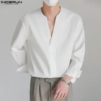 2023 Divat férfi ing Egyszínű laza V nyakú férfi ruházat Streetwear Koreai stílusú alkalmi ingek Férfi S-5XL INCERUN
