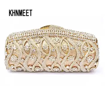 KHNMEET Golden Luxus kristály estélyi táska női báli kuplung táska party pochette nőknek esküvői kézitáskák Nappali kuplung SC111
