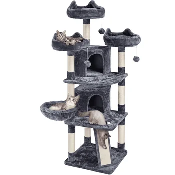 Easyfashion nagy macskafa plüss torony barlangokkal Lakások emelvények kaparódeszkája, sötétszürke