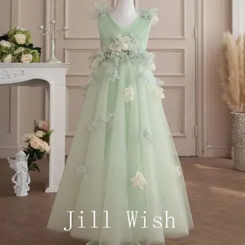 Jill Wish elegáns zsálya zöld lány ruhák kézzel készített virágok Hivatalos ruhák gyerekeknek Esküvő születésnapi zsúr Elsőáldozás J238