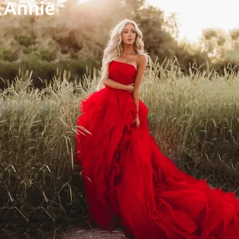 Annie Red Prom ruhák Menyasszonyi esküvői ruha pánt nélküli hosszú farok esküvői hivatalos alkalom party ruha egyedi ruha فساتين السهرة