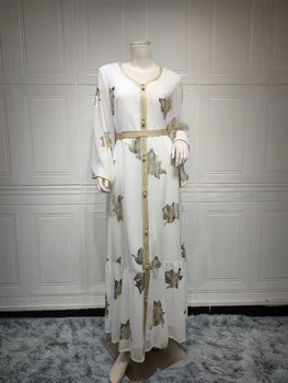 Fehér szatén csíkos Jacquard Maxi ruha női elegáns V nyakú arany szalag díszítés Dubai Arab Muszlim Abaya Marokkói Kaftan Eid 2022
