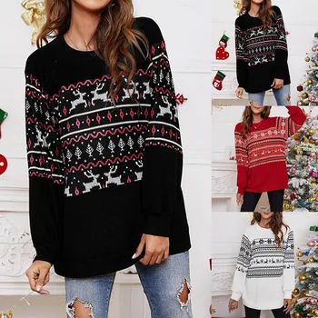 Női karácsonyi mintás patchwork Laza pulóver Női ruházat vintage Kötött