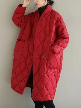 Téli hosszú kockás steppelt kabát nőknek 2023 Egyszerű gombok Túlméretes vékony párnázott parkok zsebes női pehely pamutkabátokkal