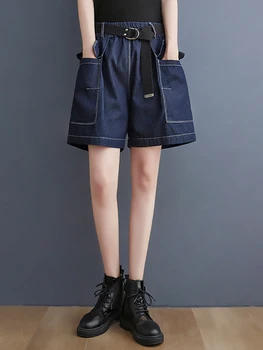 Nyári divat Női farmer rövidnadrág Ladies Empire Elastic Waist Slim Multi Pocket Vintage Casual Loose Solid Blue Thin Overalls