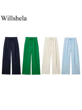 Willshela Women Fashion Solid Lace Up rakott széles szárú nadrág Vintage High Elastic Derék Női elegáns Lady nadrág