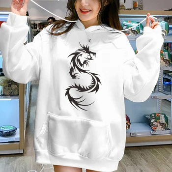 Oversize Dragon Print pulóverek Kawaii kapucnis pulóverek nőknek Kapucnis pulóver Női maga Téli kabát Teljes ujjú Ropa De Mujer Plus méret