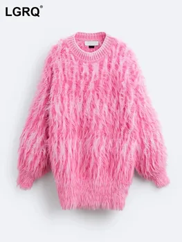 LGRQ 2024 Divat egyszínű személyiség kötött alkalmi pulóver Női kiváló minőségű utcai alkalmi pulóver laza új 19Z1513