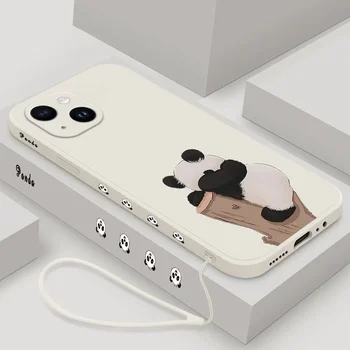 Aranyos Panda telefontok iPhone 11 12 13 14 15 Pro Max Plus szilikon ütésálló tok kiegészítők Védőhéj zsinórral