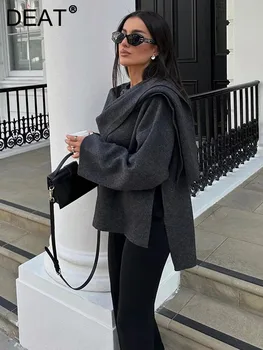 DEAT Fashion női kötött kardigán szabálytalan sál kerek gallér egymellű laza rövid szürke kabát 2024 tél Új 7AB2510