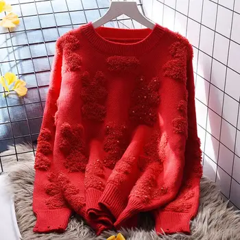 DAYIFUN-Női tömör kerek nyakú kötött pulóverek Laza gyöngyös design pulóverek Koreai lusta stílusú pulóverek Top Ősz Tél Új