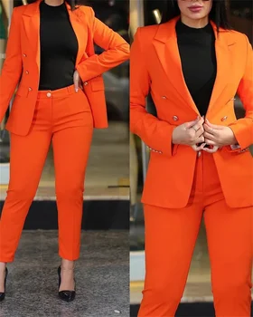 Orange Woman 2 részes szett 2023 Új az alkalmi üzletben Dupla mellű blézer kabát nadrág Elegáns női formális nadrág szettek