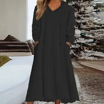 Női ruha Hangulatos női fuzzy gyapjú midi ruha meleg plüss kapucnis pulóver ruha zsebekkel az őszi téli kényelemhez A-vonal