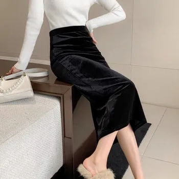 Elegáns bársony fekete hosszú szoknyák Nők nyári magas derékrésű hasított szoknya Koreai divatruházat Y2k Női bodycon Midi irodai szoknya