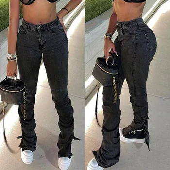 Stacked Jeans nadrág női Y2K Streetwear Button Fly High Derék Split Stretch Slim farmer nadrág Baddie Style Női alsók