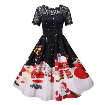 Karácsonyi ruha Nők Big Swing Rajzfilm Mikulás hópehely mintás rövid ujjú átlátszó csipke hölgy újévi party estélyi ruha