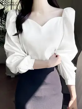 ZANZEA elegáns női szív gallér felsők 2023 őszi partiblúz Koreai divat hosszú ujjú Blusas szexi puffos ujjú tömör ing