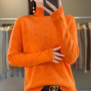 100% gyapjú pulóver női félmagas galléros pulóver őszi/téli kötött üreges felső alkalmi divat koreai változat Új termék