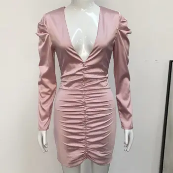 Külkereskedelem Eredeti Single Sexy Jumpy V-nyakú szatén rózsaszín rakott csavart gombos kialakítás Slim Long Sleeve Wrapped Hip Dress
