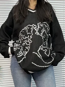 Divat Y2K felsők pulóverek Új női alkalmi Absztrakt karakter Főiskolai stílus Laza V-nyakú kötött pulóver Őszi pulóver Hölgyek